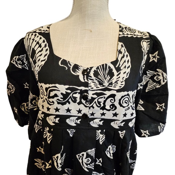 Phases Black White Maxi Dress Fish Star‎ Seashell Print Short Sleeve 1X - Picture 2 of 4
